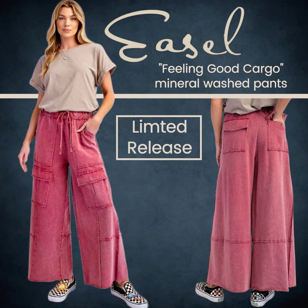 EASEL “Feeling Good Cargos” Mineral Washed Flared Leg, Raw Seams & Hems, Pockets - Picture 1 of 16